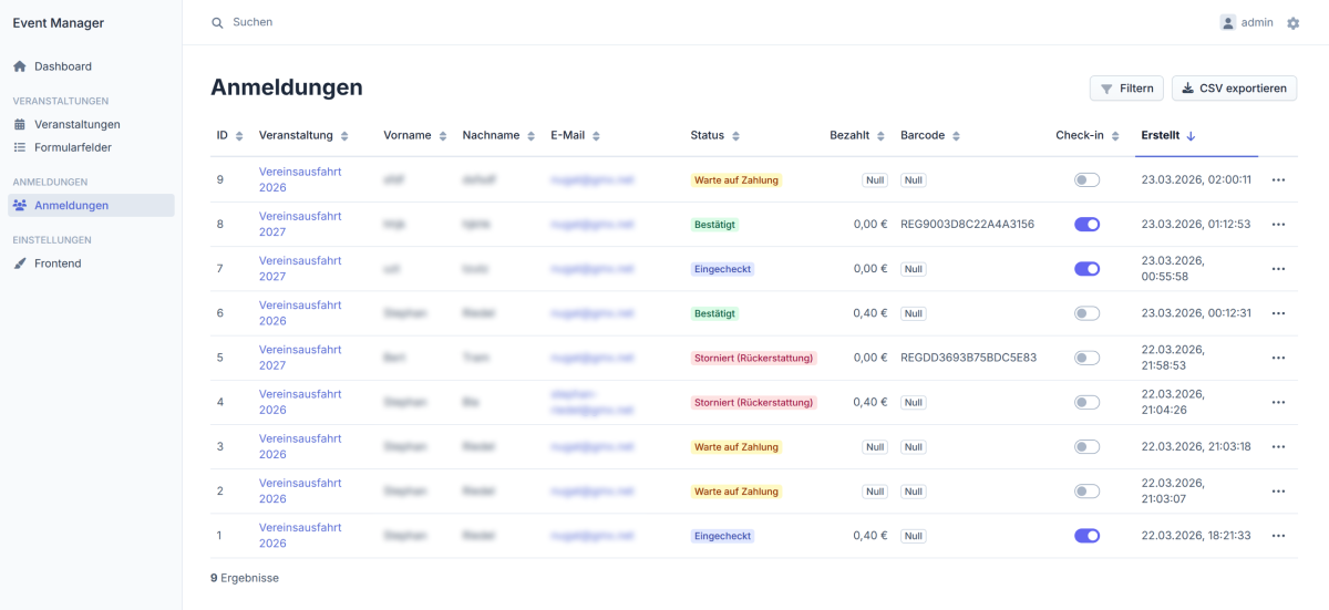 selfevent – Backend Verwaltung